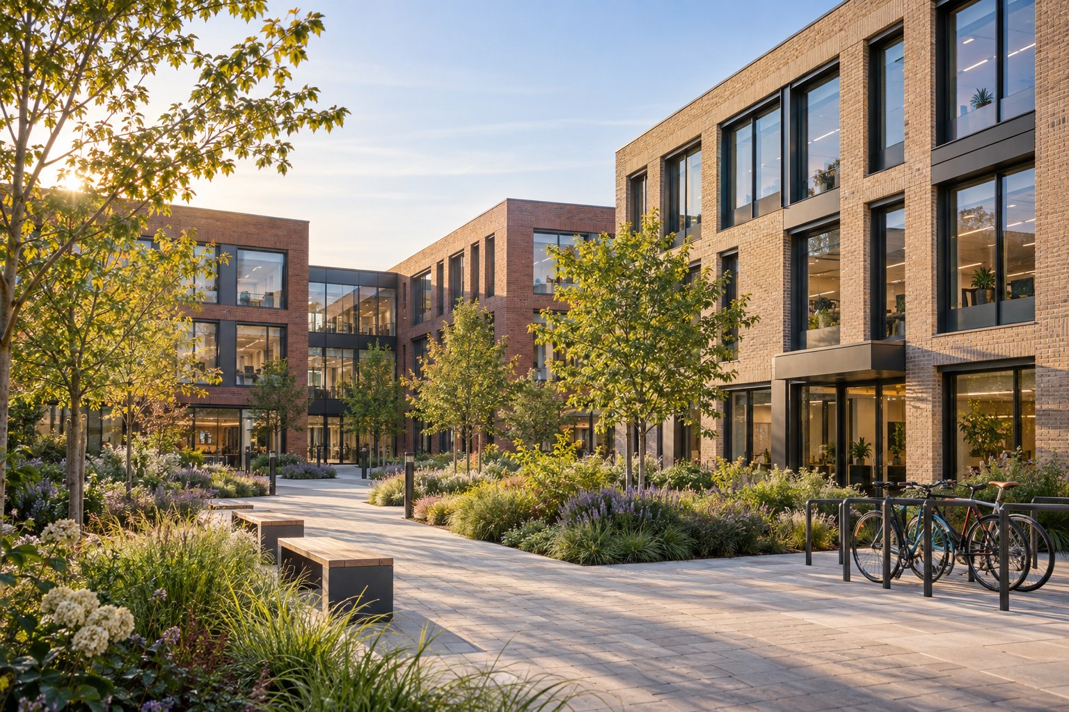 Ilustrasi konsep kampus ruang kerja bergaya Cambridge dengan courtyard hijau